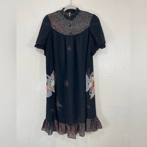 Free People Black Multicolor Butterfly Design High Neck Short Sleeve Midi Dress